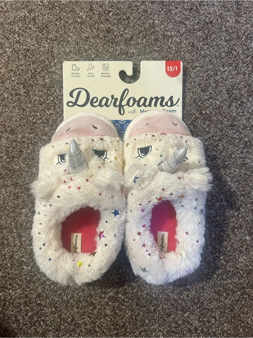 dearfoams Kids White Unicorn Faux-Fur Slippers with Silver Horns